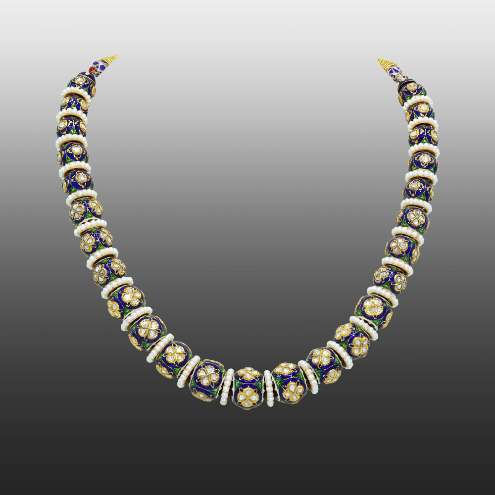 Gold Beads Necklace with Blue-Green Meenakari, Polki, and Pearls
